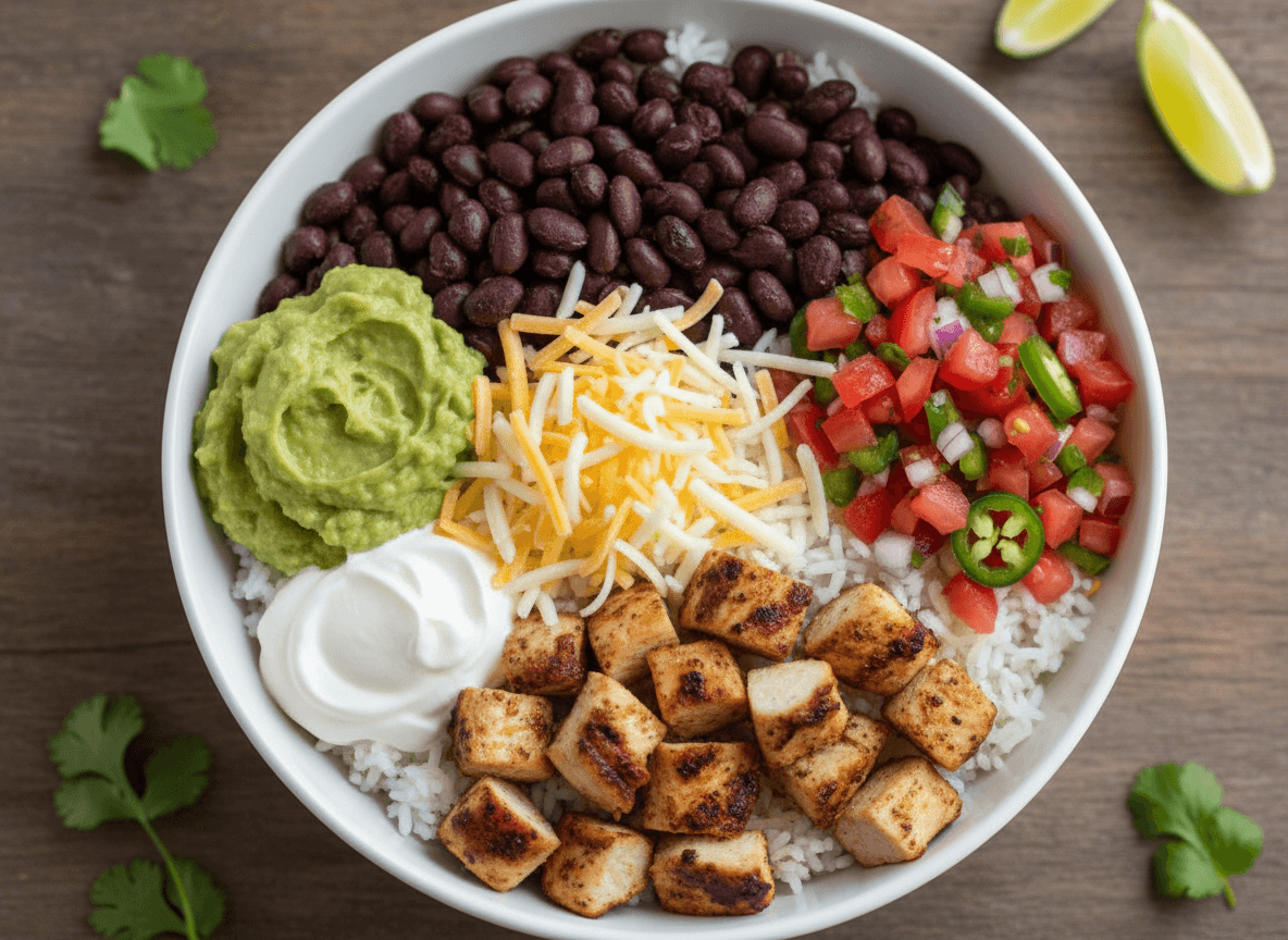 Fresh burrito bowl with chicken and toppings